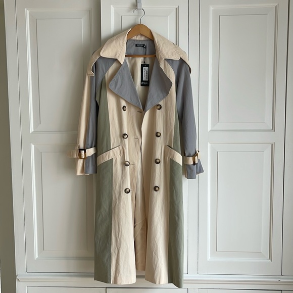 NWT Nasty Gal Colourblock Double Breasted BeltedTrench Coat Size 10 - Picture 3 of 13